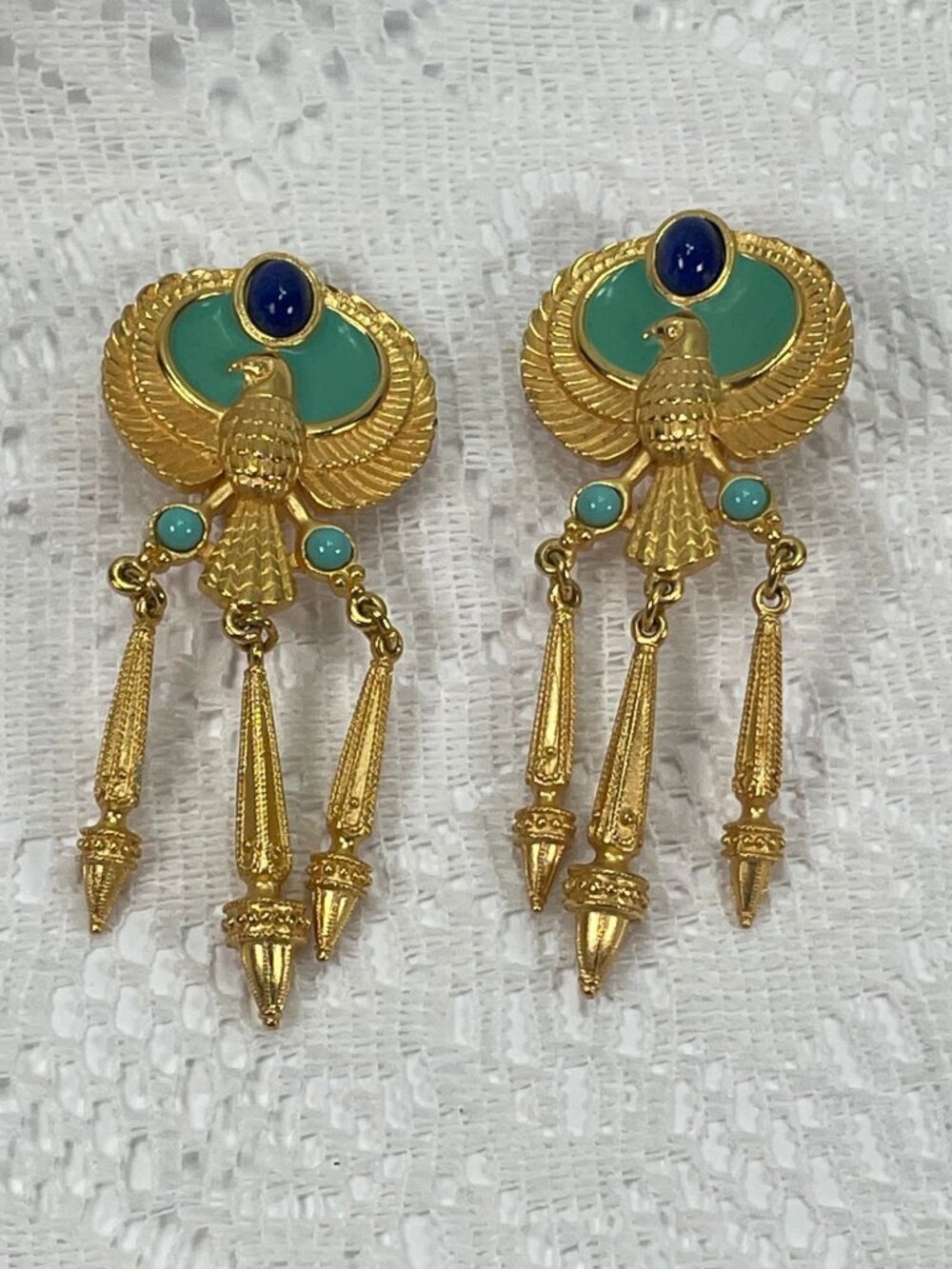 Elizabeth Taylor/Avon Egyptian Revival Gold Clip-On Earrings Blue & Turquoise